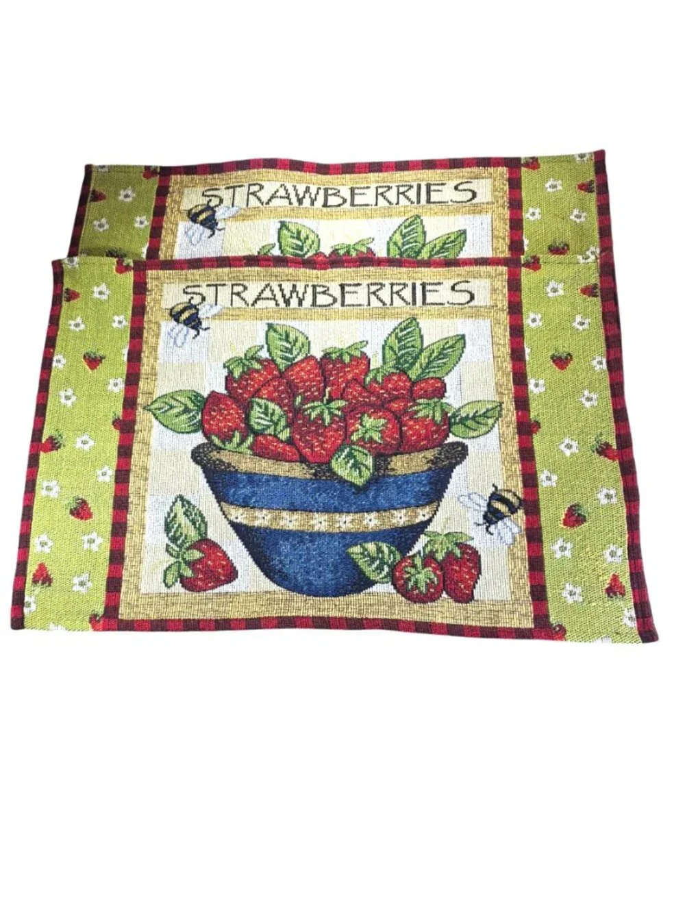Strawberry Bumblebee Woven Placemats Set Of 2 Farmhouse Cottagecore Table Linen
